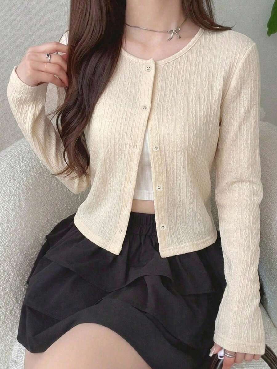FRIFUL 女款圓領休閒寬鬆波點鈕扣開襟長袖T恤,夏季款 - 杏色 - 查看 1