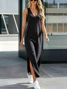 Vaclyn Sleeveless V-Neck Solid Color Split Minimalist Tank Dress - Black - View 2