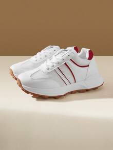 CUCCOO EASI Women's Thick-Soled Round Toe Lace-Up Casual Shoes Shoes Back To School - Red and White - View 5