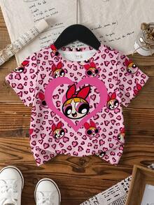 THE POWERPUFF GIRLS X SHEIN 年轻女孩休闲时尚街头风卡通爱心豹纹印花短袖T恤，夏季 - 白色 - 查看 4