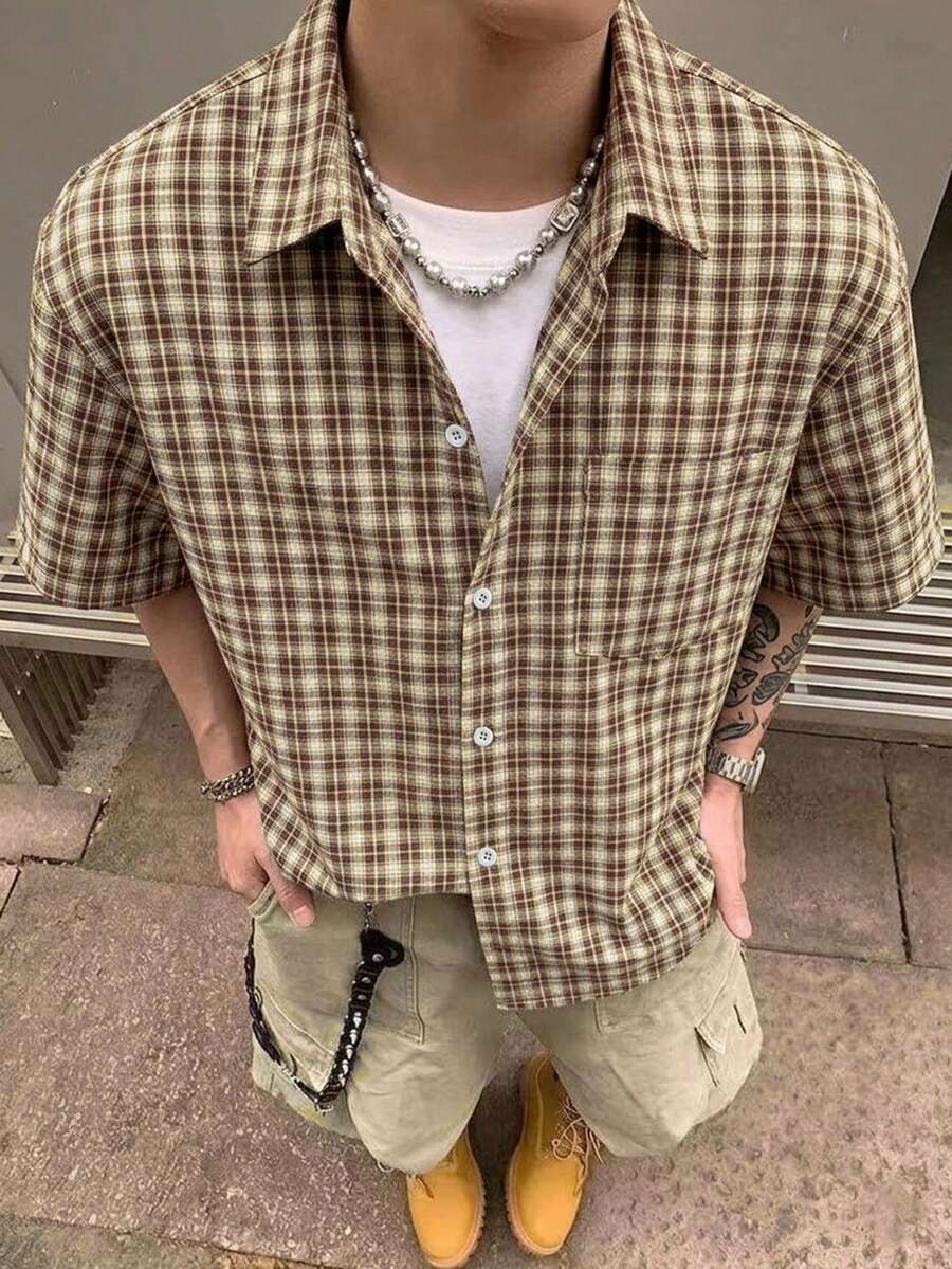 STEELVANCE 男士小格纹短袖衬衫，单口袋经典款，适合正式或休闲场合，如度假、用餐、办公、居家休闲等，百搭舒适面料，自穿或送礼皆宜。