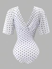 Swim Chiccia 2026 Hot-Selling 1pc Women's One-Piece Swimsuit Beachwear, Beach & Pool Party, Spring/Summer, Sexy Vacation Mature Fashion Vintage Romantic Elegant, Double Shoulder Straps, Deep V-Neck, Criss-Cross Front & Back Cutout Design, Ruched Design, Short Sleeve, Tummy Control Waist Cincher & Butt Lift For Large Bust, Black & White Polka Dot Random Print Pattern, Women's Summer Outfit, Women's Vacation Outfit - White - View 6