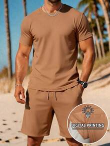 Manfinity Dauomo Men's Casual Summer Holiday Commute Solid Color Short Sleeve T-Shirt And Drawstring Waist Shorts Set Vacation Camel - Multicolor - View 1