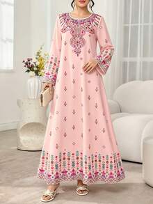SHEIN Najma 腰果花領結合幾何圖案蕾絲印花女款時尚V領長袖花卉洋裝，花卉圖案粉色優雅長裙，舒適女裝適合春夏季 - 彩色 - 查看 4