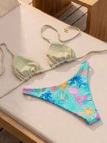 Swim Mod 女款時尚可愛海灘度假海邊派對隨機印花海洋動物條紋可翻面多色可調節掛脖三角上衣與可翻面可愛比基尼泳褲套裝 - 彩色 - 查看 2