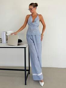 Siren Gaze Cotton Summer Women Blue White Striped Halter Tie Top And Low Rise Wide Leg Pants Casual 2 Pieces Set Y2k Holiday Sexy Festival Vacation Boho Western - Blue and White - View 12