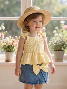 SHEIN Set Pakaian Kasual Sehari-hari untuk Bayi Perempuan: Atasan Jacquard dengan Hiasan Pita dan Ruffle serta Rok Celana Denim - Kuning - View 4