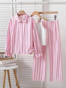 SHEIN Bộ 3 món áo sơ mi tay dài sọc in kỹ thuật số màu vàng, quần dài đen và áo hai dây, phù hợp đi chơi mùa xuân và mùa hè - Hồng - Xem 4