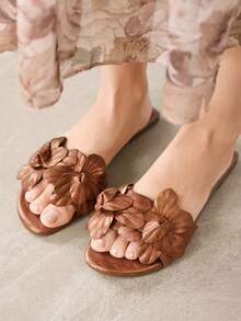 MOTF SANDALIAS PLANAS TIPO MULE SIN CORDONES DE MODA CASUAL PARA MUJER CON TEJIDO Y RELIEVE PARA NAVIDAD Y PRIMAVERA - Óxido marrón - Ver 2