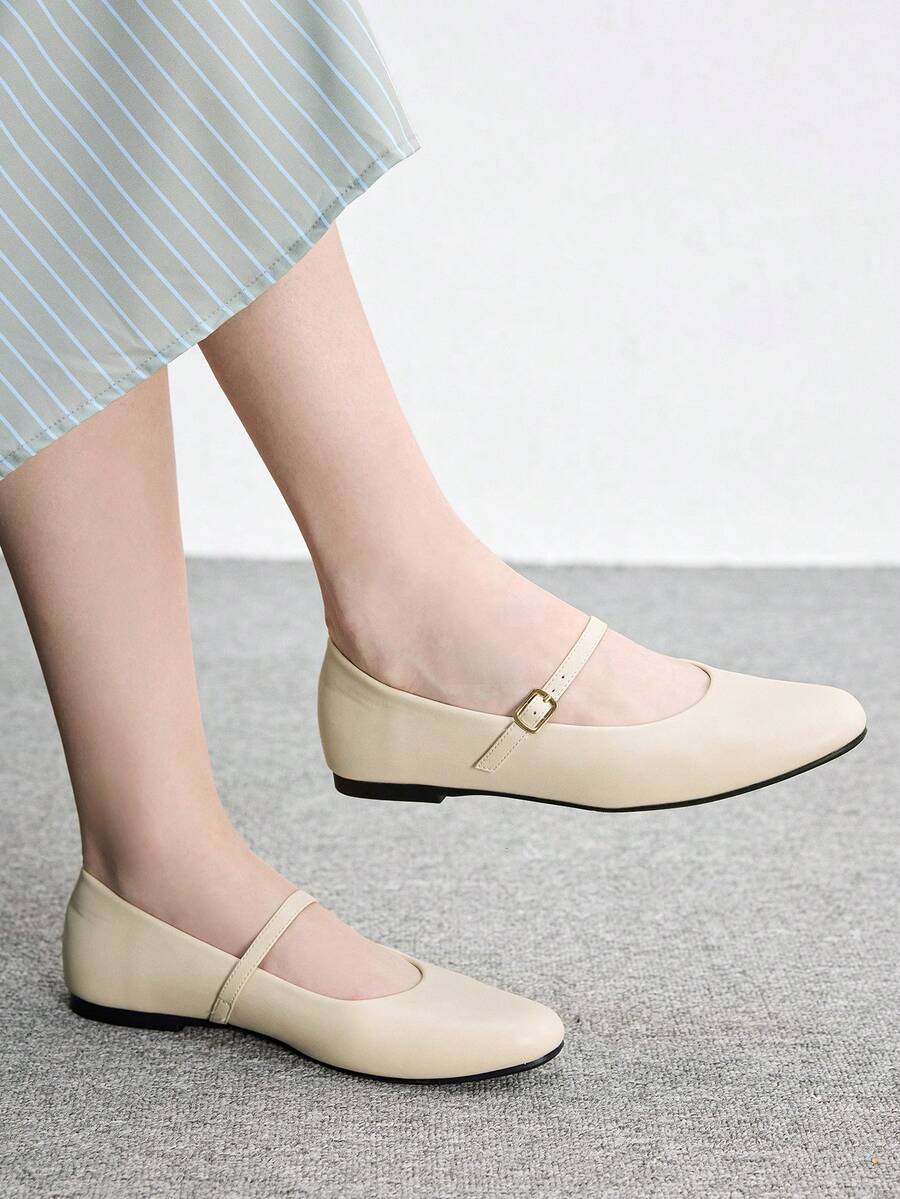 CUCCOO BIZCHIC 女款休閒通勤時尚百搭字母扣飾純色平底鞋 - 杏色 - 查看 1