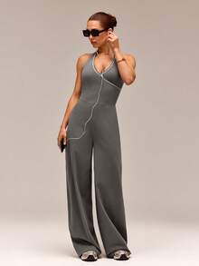 GLOWMODE 31" FeatherFit™-Air UPF50+ Chase Your Glow Wide-Leg Contrast Trim V-Neck Adjustable Halter Jumpsuit With Removable Cups Daily Casual Summer Wear - Dark Grey - View 6