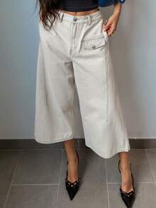 DAZY Quần jeans nữ ống rộng dáng suông, dài 3/4, thiết kế cạp nút, phong cách thường ngày - Màu Khaki - Xem 8