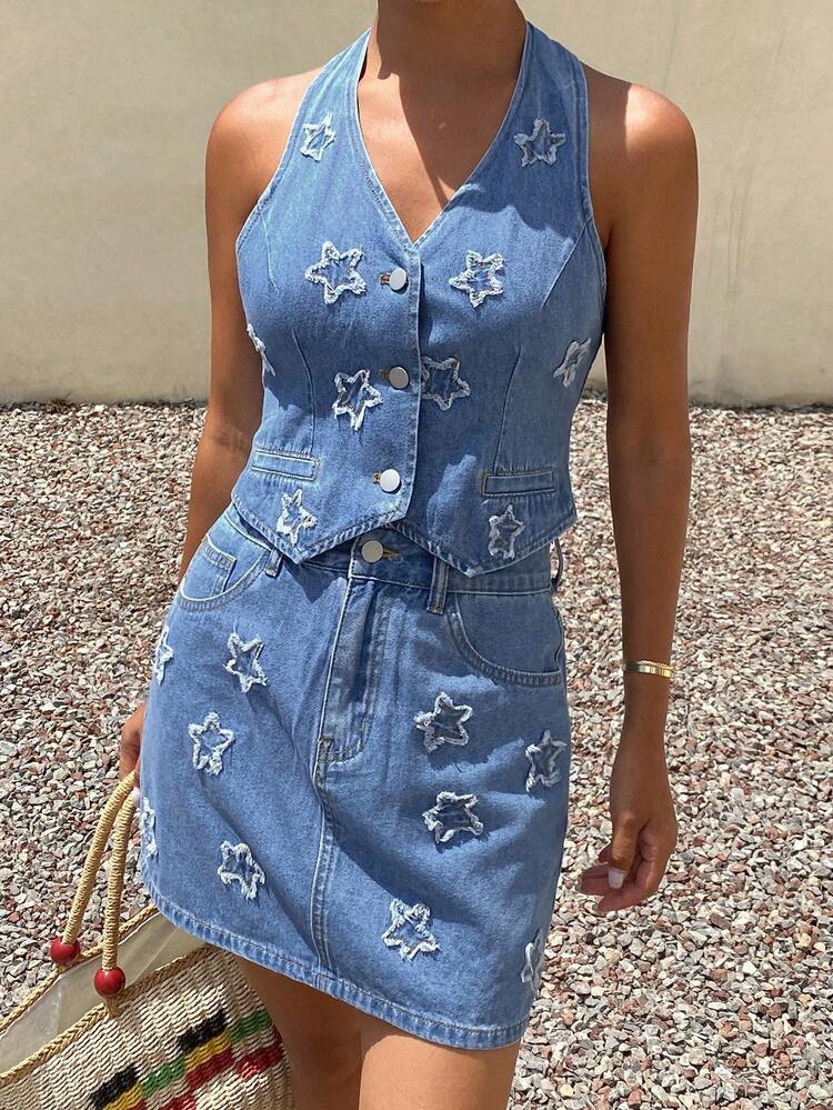 Star Distressed Halter Backless Top & A-Line Mini Skirt Casual Sexy Summer Vacation Denim Outfit For Women