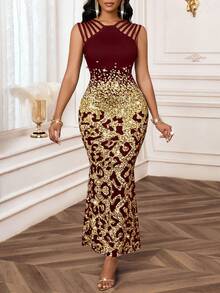 SHEIN Lady 2025 New Women's Elegant Leopard Print Fishtail Hem Burgundy Dress, Summer,Cheetah Print - Burgundy - View 8