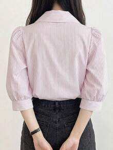 DAZY 女款翻領條紋短袖燈籠袖寬鬆襯衫 春夏秋季 - 粉色 - 查看 6
