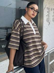 Dazy Plus 寬鬆街頭風拼色條紋 Polo 領長袖大尺碼女款 T 恤，秋季圖案印花校園風上衣 - 卡其色 - 查看 6