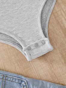 Body de manga corta blanco de punto para niñas preadolescentes, color liso, versátil, estilo callejero, para primavera/verano - Gris - Ver 7