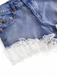 ROMWE Damen Spitzen-Patchwork figurschmeichelnde sexy Denim Shorts - Babyblau - Übersicht 4