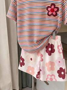 SHEIN 少女圓領短袖T恤與短褲休閒套裝 - 彩色 - 查看 8