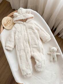 Jumpsuit Bayi Perempuan Baru Lahir Musim Gugur/Dingin Lucu dengan Telinga 3D Berbulu dan Resleting, Dilengkapi Tudung, dan Hiasan Resleting - Aprikot - View 5