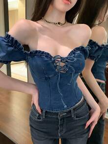 Joudiya 女士露肩系带短款上衣，休闲优雅，适合约会、婚礼、度假、海滩、春夏穿着。 - 中等水洗藍 - 查看 10