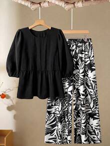Linhara Set Kasual Wanita Ukuran Plus Warna Polos Model Blus Model Doll dengan Ikatan Depan dan Celana Panjang Lebar Bermotif untuk Musim Gugur - Hitam - View 2