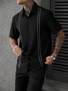 Manfinity CasualCool 男士休閒度假刺繡短袖單排釦襯衫 - 黑與白 - 查看 5