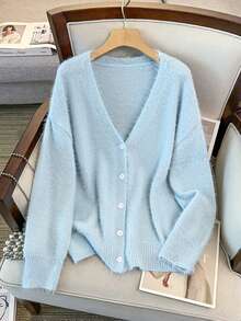 GlowEve CURVE Plus Size Casual V-Neck Long Sleeve Cardigan - Blue - View 1