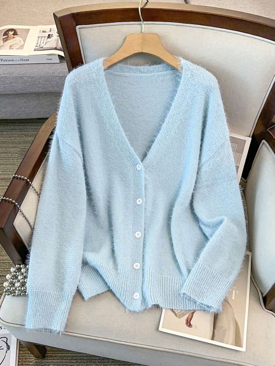 GlowEve CURVE Plus Size Casual V-Neck Long Sleeve Cardigan - Blue - View 1