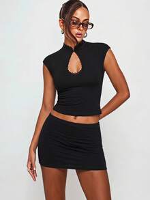 Dreamara Spring/Summer Women's Casual Tropical Sexy Vacation Black Lace Patchwork Knit New Chinese Style Stand Collar Frog Button Top And Mini Skirt Set - Black - View 6