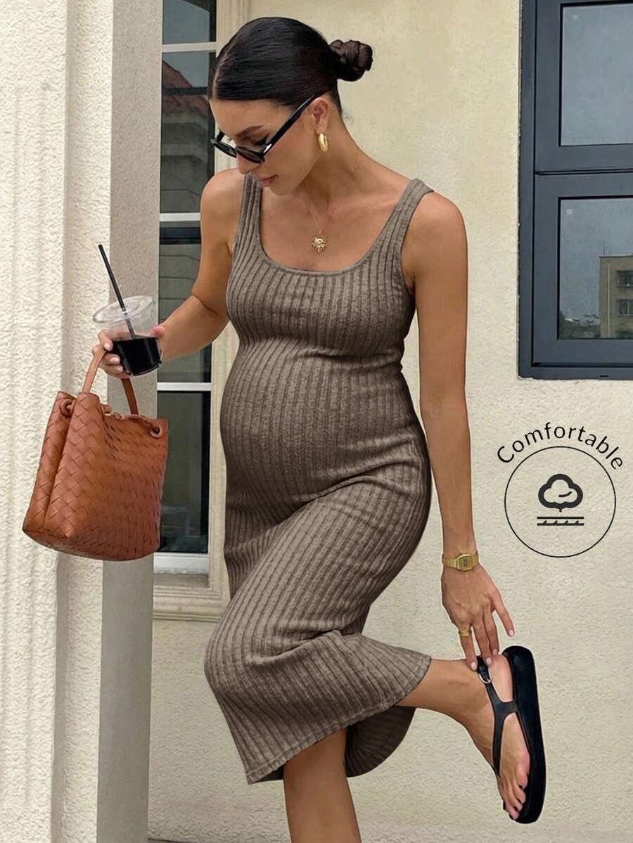 SHEIN Maternity Solid Color Ribbed Fitted Sleeveless Casual Dress - Coffee Brown - View 1