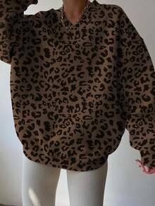 INAWLY Women's Casual Leopard Print Dropped Shoulder Loose Fit Sweatshirt, Autumn/Winter - Chocolate Brown - View 5