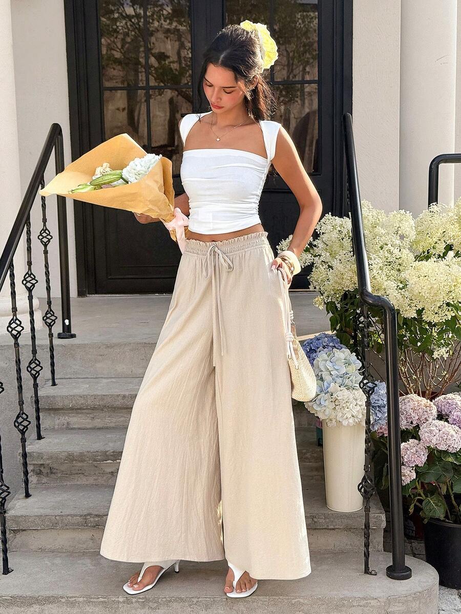 Cévolie Pantalones anchos de pierna ancha con cordón de algodón - Caqui - Ver 1