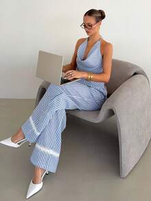 Siren Gaze Cotton Summer Women Blue White Striped Halter Tie Top And Low Rise Wide Leg Pants Casual 2 Pieces Set Y2k Holiday Sexy Festival Vacation Boho Western - Blue and White - View 13