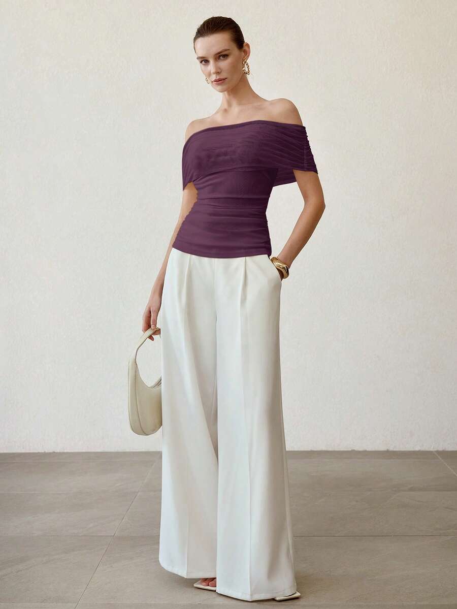 MOTF PREMIUM WOMEN'S MESH FITTED SEXY FASHIONABLE ELEGANT OFF THE SHOULDER TOP - Purple - View 2