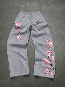 Manfinity EMRG 男士休闲日常通勤度假风樱花字母印花抽绳腰宽松阔腿运动裤 - 灰色 - 查看 2