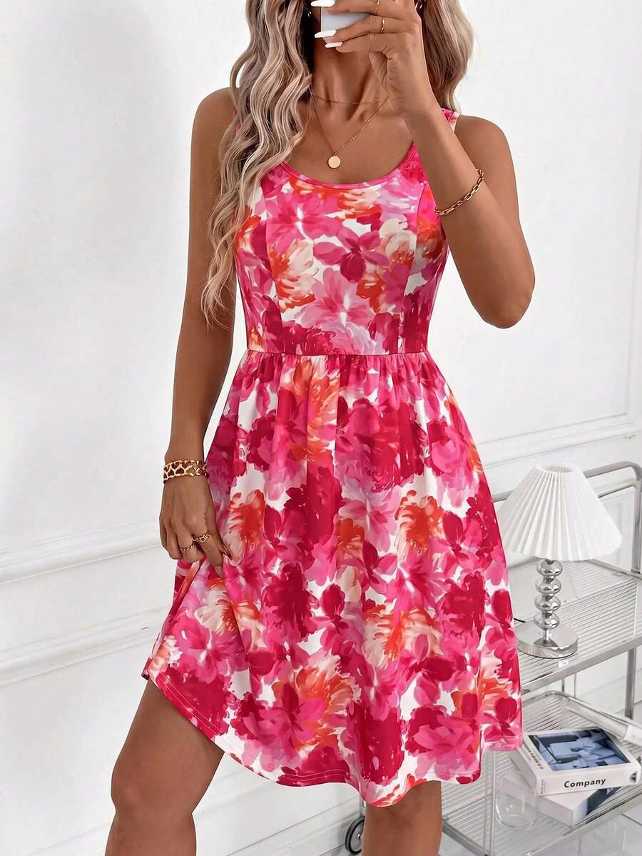 SHEIN Clasi 女款花卉印花圓領無袖休閒短洋裝，適合度假