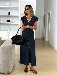 Easowa V-Neck Contrast Trim Decorative Button Flutter Sleeve Ruffle Ruched Bow Front High Slit A-Line Umbrella Sun Dress Casual Relaxed Elegant Commuter Old Money Style Vacation Spring Summer Women's Long Dress - Navy Blue - View 6
