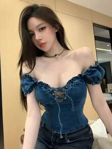 Joudiya 女士露肩系带短款上衣，休闲优雅，适合约会、婚礼、度假、海滩、春夏穿着。 - 中等水洗藍 - 查看 4