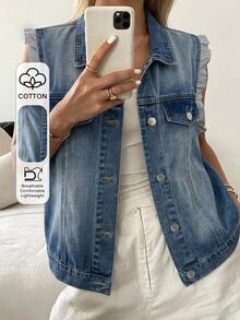 Livesso Spring Summer Casual Vacation Style Fashion Light Blue Beach Travel Streetwear Sleeveless Cardigan Denim Shirt Vest Jacket Outerwear Women's Denim Top - Light Wash - View 1