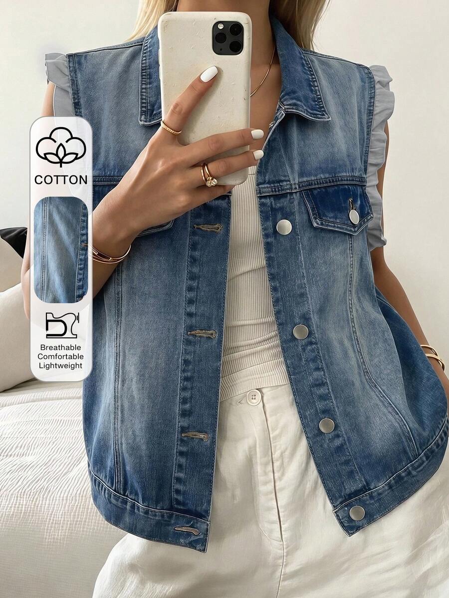 Livesso Spring Summer Casual Vacation Style Fashion Light Blue Beach Travel Streetwear Sleeveless Cardigan Denim Shirt Vest Jacket Outerwear Women's Denim Top - Light Wash - View 1