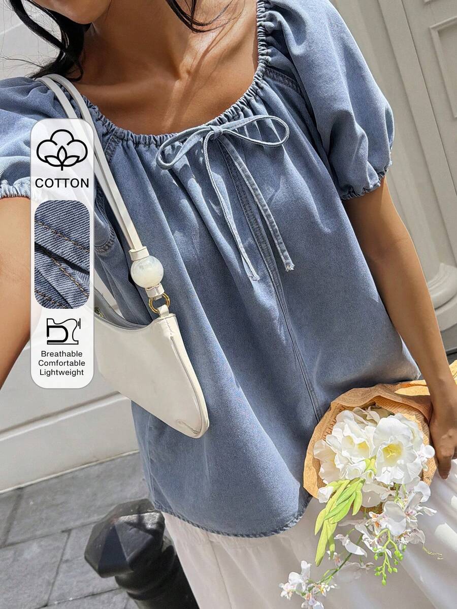 Livesso 春夏女款寬鬆商務休閒風復古水洗淺藍牛仔襯衫上衣,適合早午餐、野餐穿著 - 藍色 - 查看 1
