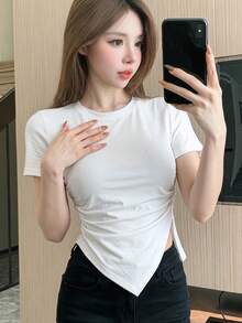 DAZY 春夏白色音樂節休閒街頭戶外不對稱下擺短袖女款T恤 - 白色 - 查看 5