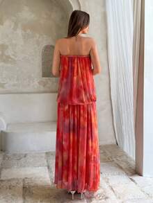 Firerie Women's Elegant Tropical Romantic Beach Vacation Party Date Afternoon Tea Sister Gathering Braided Red Orange Print Mesh Sheer Draped Tube Top Dress - Multicolor - View 10