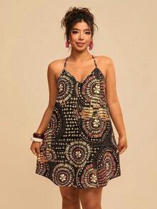 Travachic Plus Size Women's Floral Print Casual Halter Neck Vacation Dress - Black - View 3