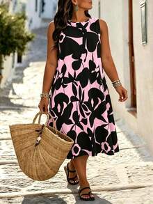 EMERY ROSE Plus Size Floral Print Round Neck Sleeveless Summer Dress - Pink - View 7