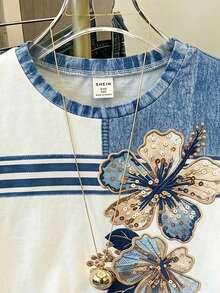 Kaos Anak Perempuan Remaja Motif Retro Bunga Blok Warna Nyaman dengan Leher Bulat, Cocok untuk Pakaian Sehari-hari Musim Semi/Panas, Aktivitas Luar Ruangan, Atasan Kasual Serbaguna Musim Panas - MultiWarna - View 4