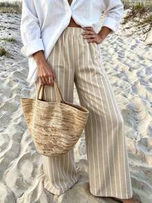 Vaclyn Women's Casual Vacation Style Striped Wide Leg Loose Long Pants - Khaki - View 3