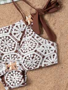 Bonvoyette Conjunto de Maiô Bikini Feminino de Duas Peças para Verão, Moda Praia Elegante Premium, Tecido de Tricô Vazado com Decoração Requintada de Estrela do Mar Metálica, Sexy, Costas Abertas, Adequado para Praia, Natação e Férias de Verão - Multicolorido - Visão 6