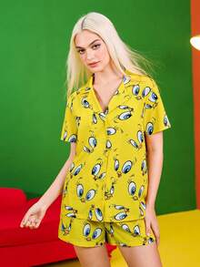 LOONEY TUNES X SHEIN 女士卡通图案纽扣前衬衫和短裤睡衣套装，休闲夏季 - 黃色 - 查看 6